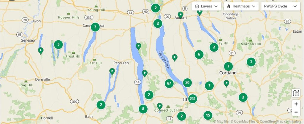 a map with green circles