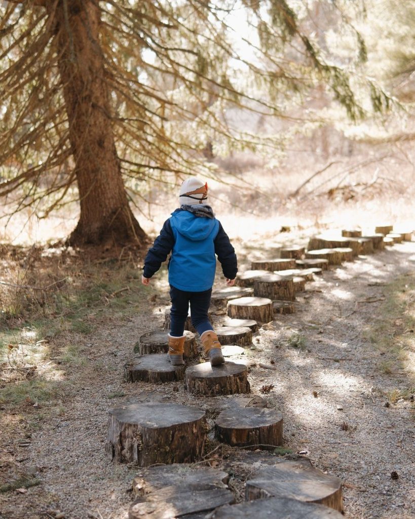 a child walking on a path with tree stumps